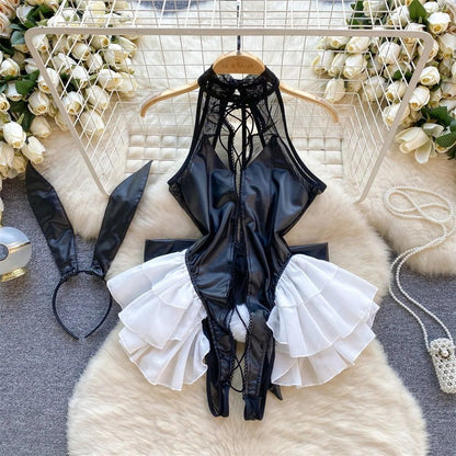 Bunny Complete Maid Cosplay Costume Set Ruffle Cosplay Vacation Halloween Outfit Halter Dress Set Outfit Costume Play Occasions