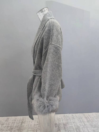 UCXQ Casaco Feminino Elegante OL para Escritório com Retalhos de Pelo Manga Comprida Lã Jaqueta de Roupa Feminina Bonita Outono Inverno 2025