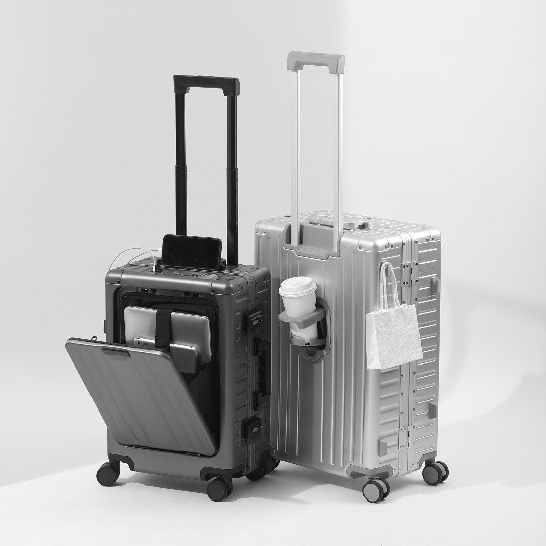 All Aluminum-magnesium Suitcase Front Opening Rolling Luggage with USB Charging Plug TSA Lock Trolley Case 20" Boarding Travel