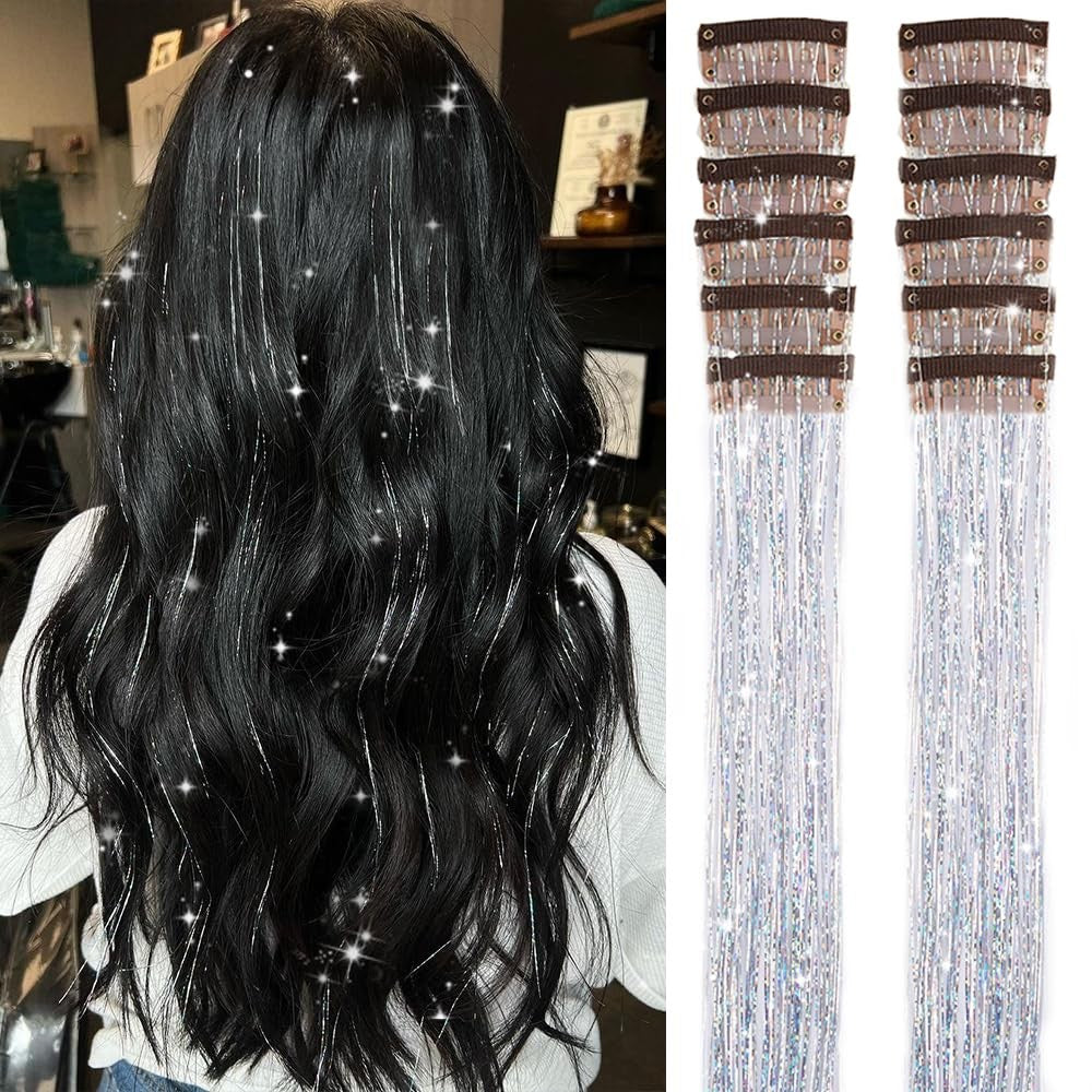 Pacote de 12 Unidades de Cabelo Extensor com Presilha, Tinsel Colorido com Brilho, Extensões de Cabelo de Fada, Acessório Cintilante para Festa de Mulheres, Meninas e Crianças