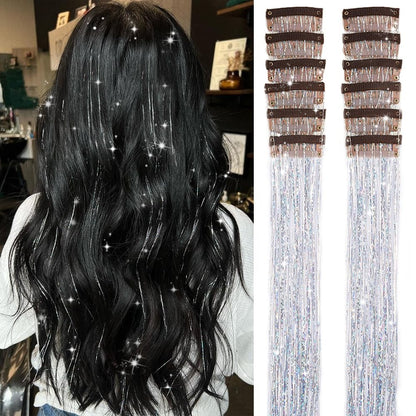Pacote de 12 Unidades de Cabelo Extensor com Presilha, Tinsel Colorido com Brilho, Extensões de Cabelo de Fada, Acessório Cintilante para Festa de Mulheres, Meninas e Crianças