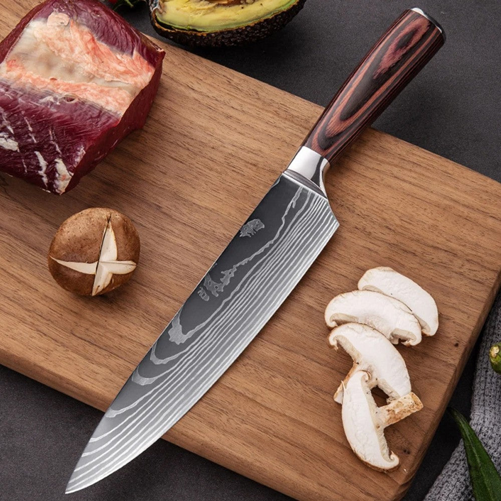 Conjunto de Facas Japonesas com Bloco e Amolador de 8 polegadas, Facas de Cozinha de Aço Damasco a Laser com Tesoura de Cozinha e Cabo de Madeira