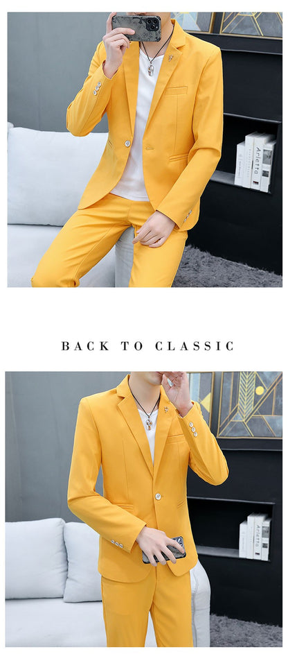 Men's Slim Fit Two-Piece Set Korean Style Spring Autumn Casual Trend British Hair Stylist Fashion Suit plus Trousers