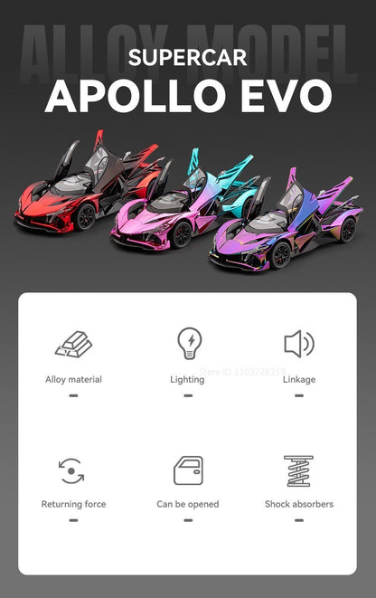 1:24 Apollo EVO Miniatura Carro Esportivo de Brinquedo Liga Fundido Som Luz Portas Abertas Fricção Supercarro Presentes para Crianças