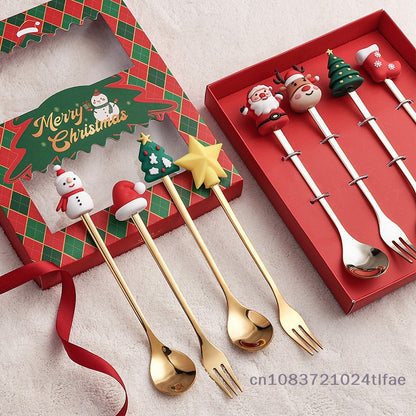 1 Set Christmas Fork And Spoon Tableware Gift Box , Stainless Steel Tableware, Coffee, Tea And Dessert Fork And Spoon