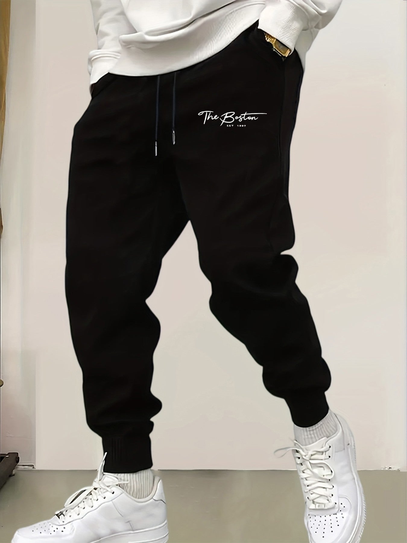 Calça de Moletom Masculina Casual com Estampa "Boston Est 1997", Cintura Elástica, Básica, Confortável, Calça de Outono, Jogging, Calça Comprida Estilo Rua