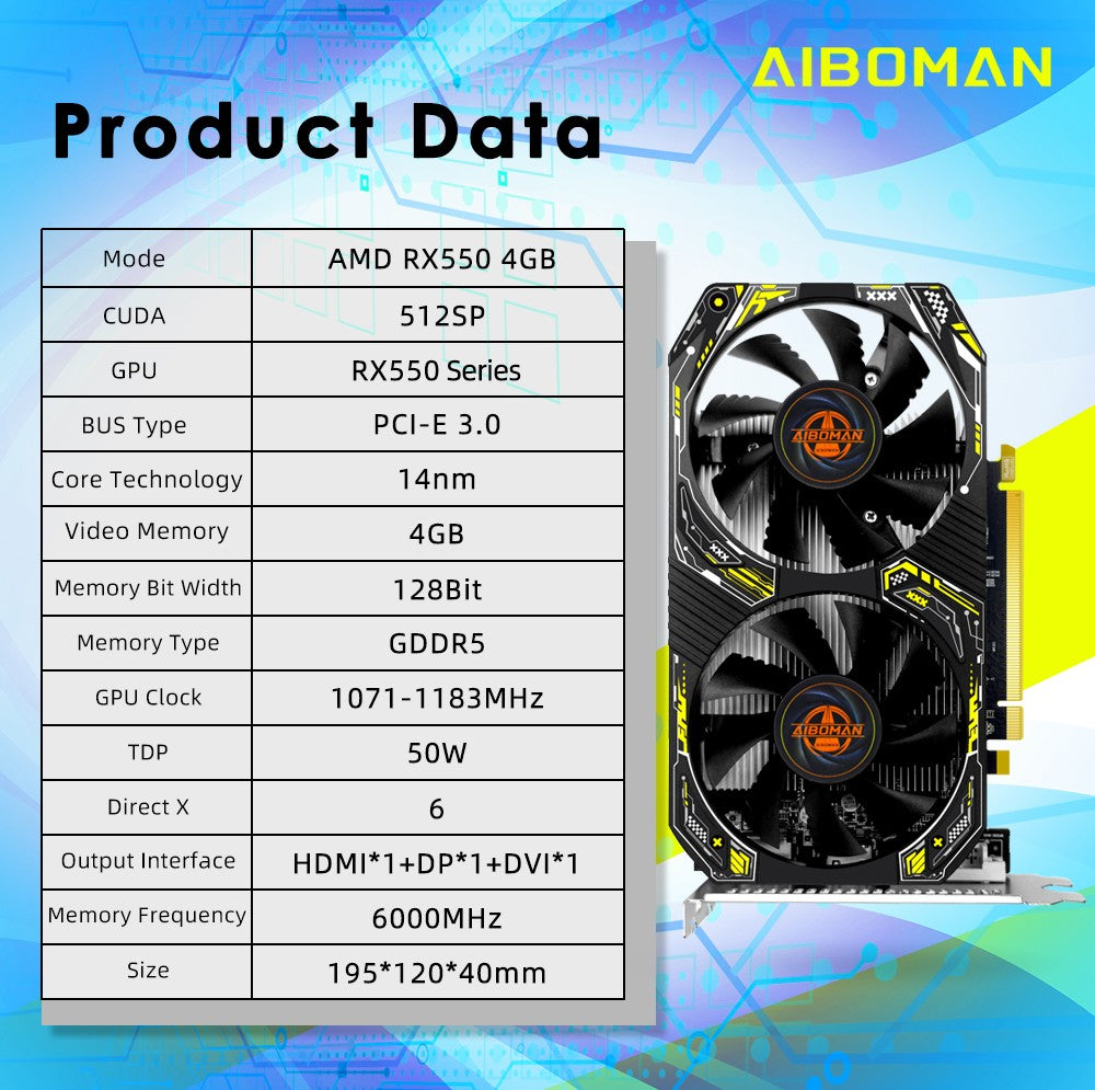 Placa de vídeo AIBOMAN Gamer Preta e Amarela AMD RX550 4GB GDDR5 128Bit com Fan Duplo Acessórios de Montagem para Computador Jogos de Escritório Elétricos