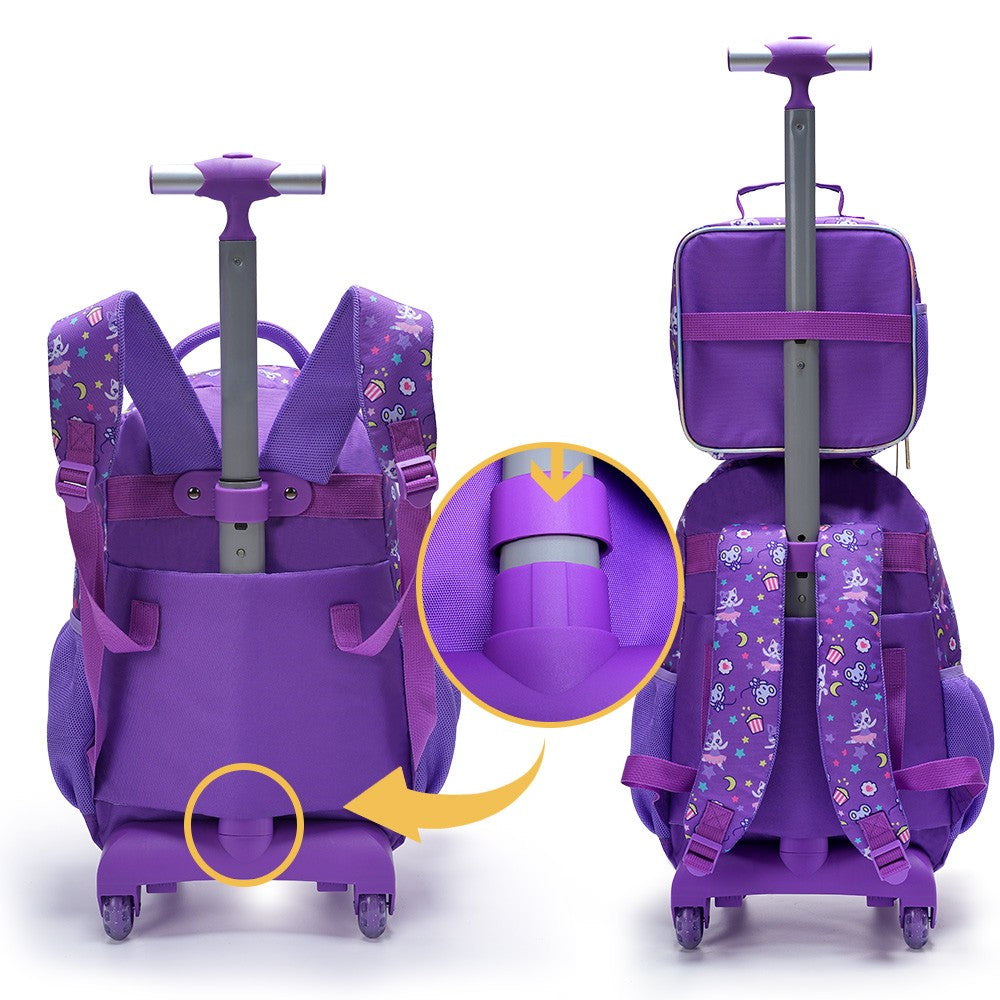 Conjunto de 3 peças Mochila de Rodinhas para Meninas, Linda Mochila Escolar com Rodas de Gatinho de Desenho Animado com Lantejoulas para Alunas do Ensino Fundamental, com Lancheira e Estojo