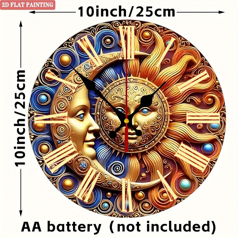Sun & Moon Wall Clock. Roman numerals, vintage silent design for living room or bedroom.