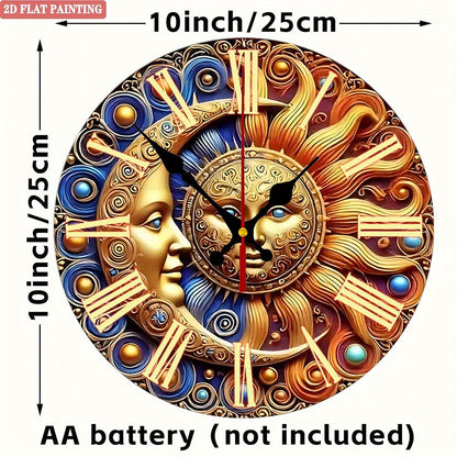 Sun & Moon Wall Clock. Roman numerals, vintage silent design for living room or bedroom.