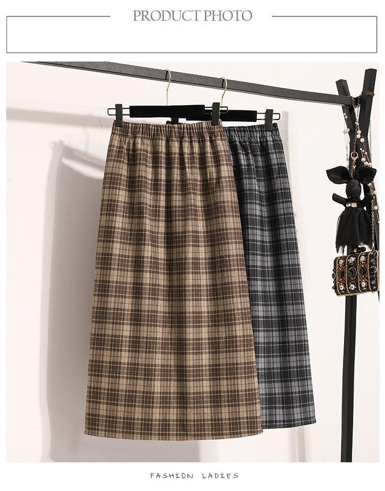 Plus Size Skirt Women 2024 Autumn Winter High Elastic Waist A Line Gray Or Khaki Plaid Skirt Korean Casual Long Skirts Womens