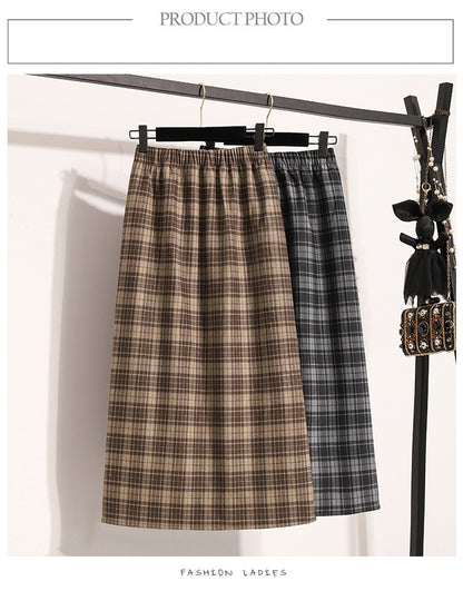 Plus Size Skirt Women 2024 Autumn Winter High Elastic Waist A Line Gray Or Khaki Plaid Skirt Korean Casual Long Skirts Womens