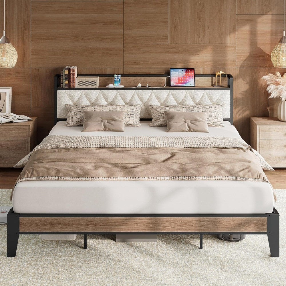 California King Bed Frame, Storage Headboard with Charging Station, Platform Bed Frame with Strong Metal Support, Sturdy