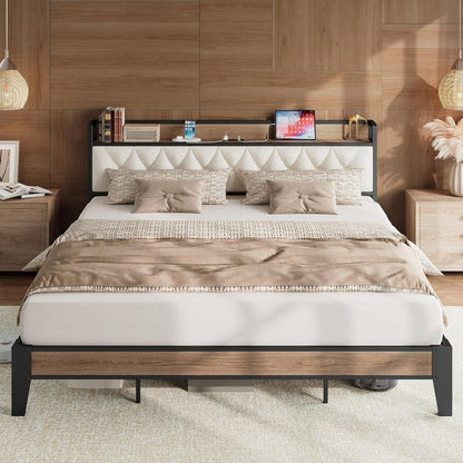 California King Bed Frame, Storage Headboard with Charging Station, Platform Bed Frame with Strong Metal Support, Sturdy