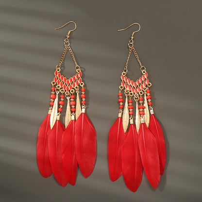 Brincos femininos longos de pena estilo boho, praia, com borla longa, miçangas, flores artesanais esmaltadas, para noiva, casamento, Pendientes Mujer