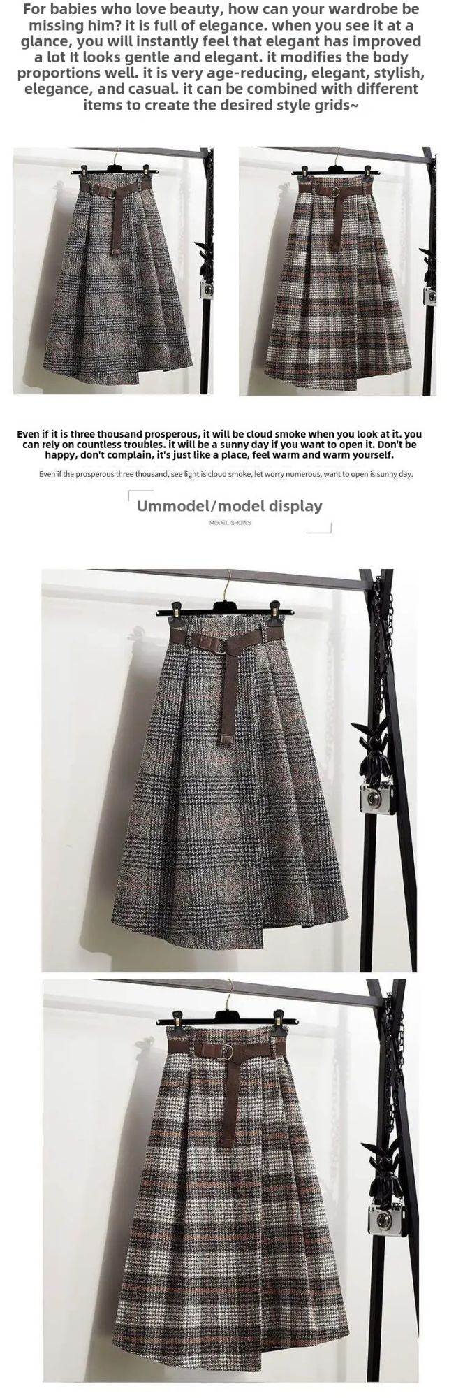 WoolenPlaid Irregular Large-Length Skirt New Spring-Autumn Vintage High-Waisted Slimming Medium-Length Women's Skirt