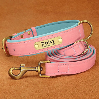 Conjunto Personalizado de Coleira e Guia de Couro para Cães Coleira de Couro Acolchoada Macia para Cães de Pequeno, Médio e Grande Porte com Placa de Identificação Grátis