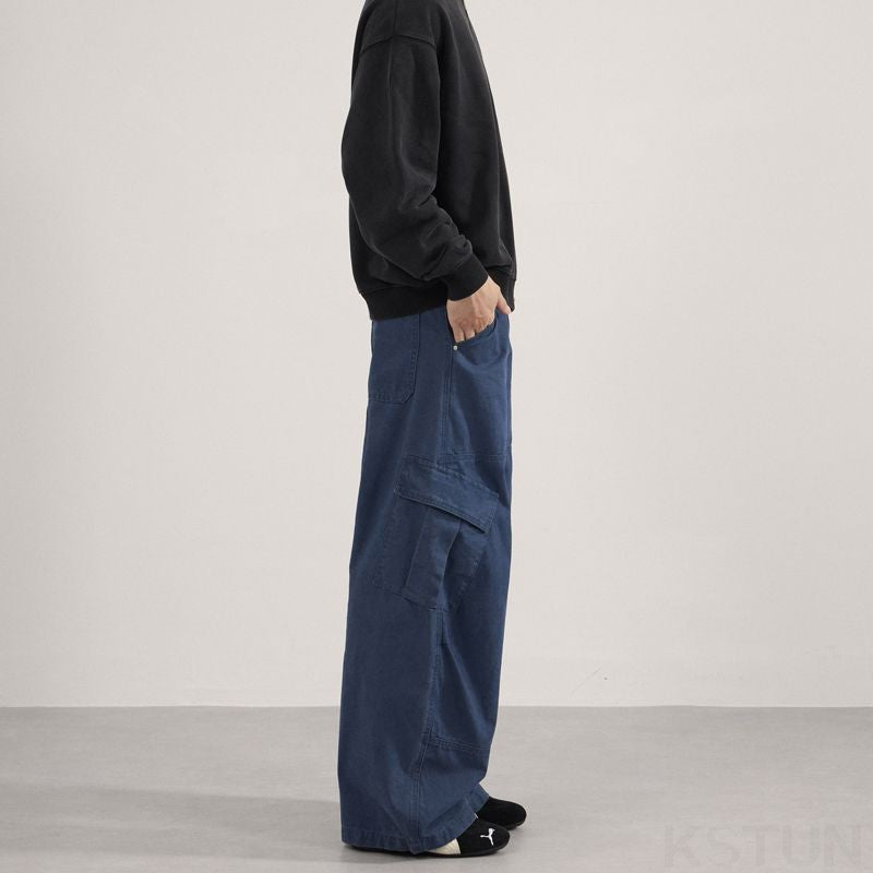 KSTUN 2025 Men Washed Vintage Cargo Pants 100% Cotton Loose Fit Oversize Multi-Pockets Trousers Blue Male Casual Scimitar Pants