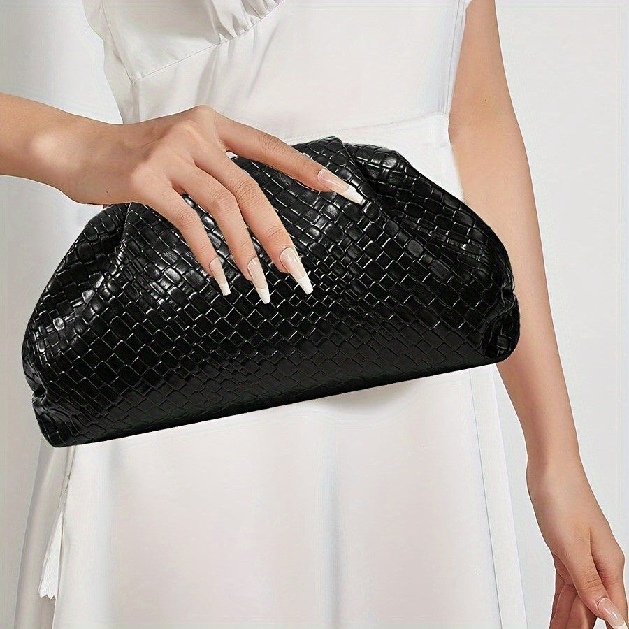 Elegant Weave Textured Ladies Clutch Bag - Adjustable Strap and Clasp Closure, Premium Pure Black Dinner Bag for Weddings