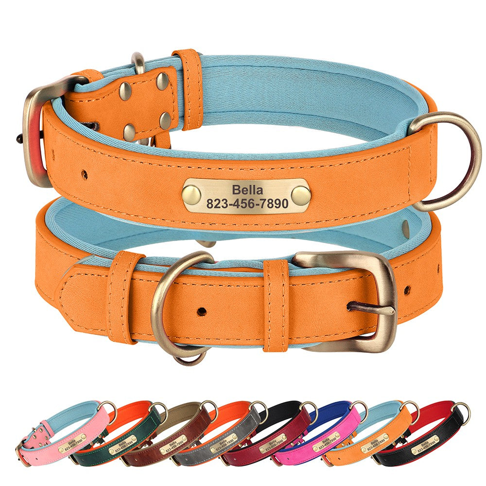 Coleira de cachorro personalizada em couro PU, gravação gratuita, coleiras de identificação de cachorro, coleiras acolchoadas macias para cães pequenos, médios e grandes, ajustáveis