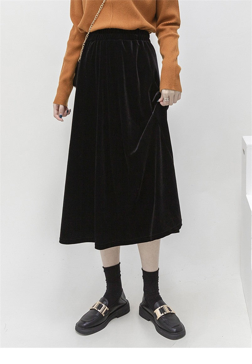 French Style Black Velvet Skirt For Women High Waist A-Line Velour Skirts Spring Autumn Simple High Street Long Skirts Plus Size