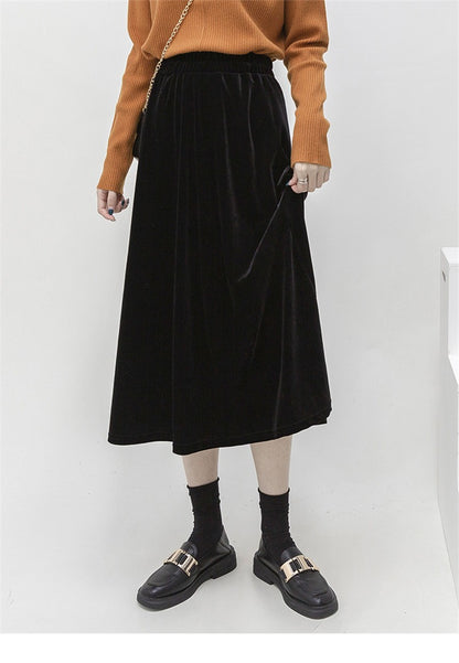 French Style Black Velvet Skirt For Women High Waist A-Line Velour Skirts Spring Autumn Simple High Street Long Skirts Plus Size