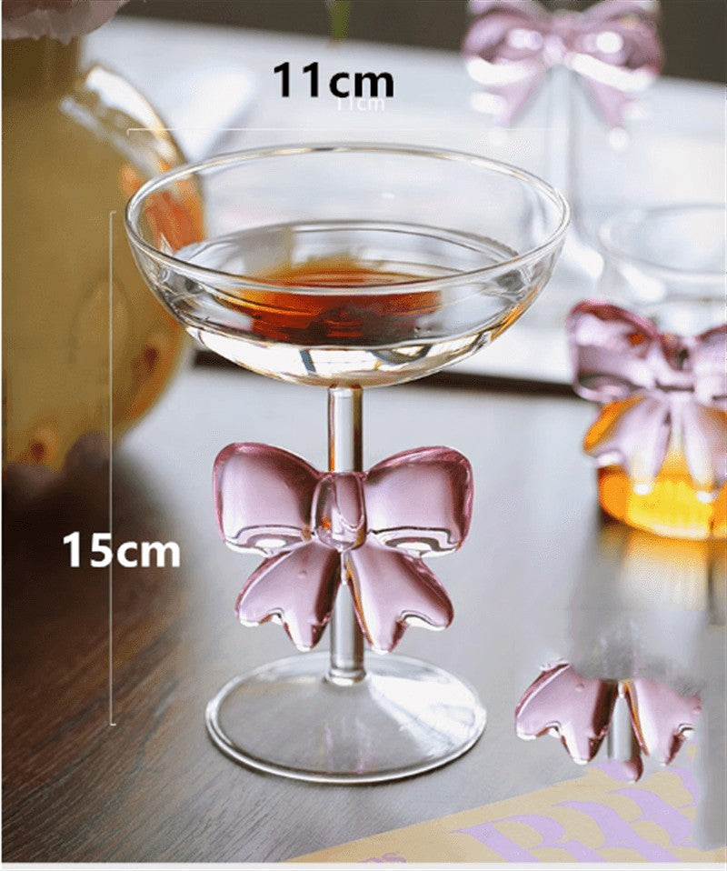 Taça Decorativa de Vidro com Laço Grande Rosa Copo de Vidro Taça de Vinho com Alça de Laço Copos Resistentes ao Calor Tigela de Sobremesa e Sorvete de Alto Borossilicato