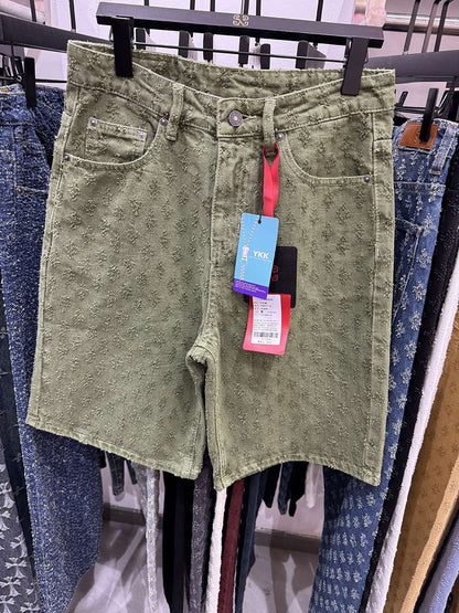 New Summer Men Distressed Short Jeans Vintage Jacquard Straight Leg Men's Denim Shorts Pants