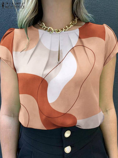 ZANZEA Women Summer Blouse Bohemain Holiday Shirt Fashion Short Sleeve Printed Tops Tunic Female Elegant Work Party Blusas Mujer