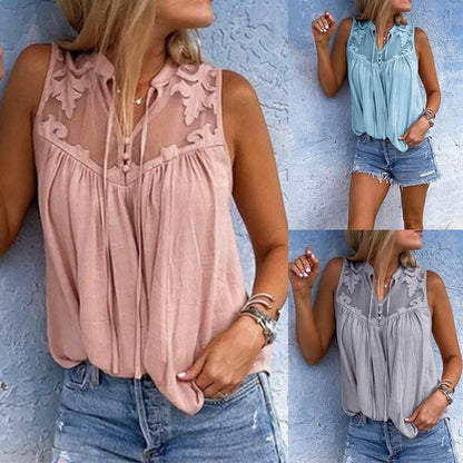 Women Lace Patchwork Blouse Tops Summer Tie Collar Sleeveless Chiffon Loose Blouse Shirts ARJ-0719003
