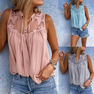 Women Lace Patchwork Blouse Tops Summer Tie Collar Sleeveless Chiffon Loose Blouse Shirts ARJ-0719003