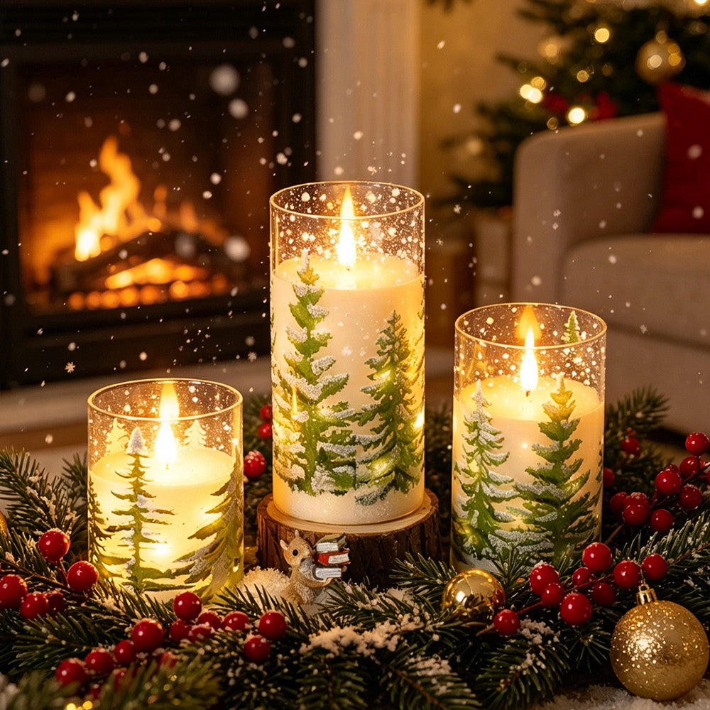 3in Glass Paraffin Built In String Light Print LED Flameless Candle 2AA Battery Remote Control Christmas Candle Decor Lighting