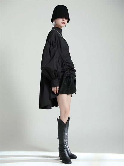 2025 Women Irregular Drawstring Big Size White Blouse New Stand Collar Long Sleeve Shirt Fashion Tide Spring Autumn