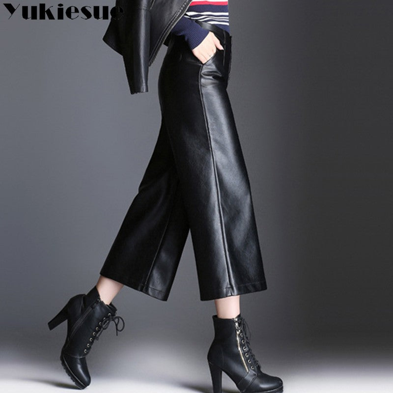 Pu wide leg pants capri women 2022 winter autumn high waist straight leather pants female trousers clothe pantalon femme