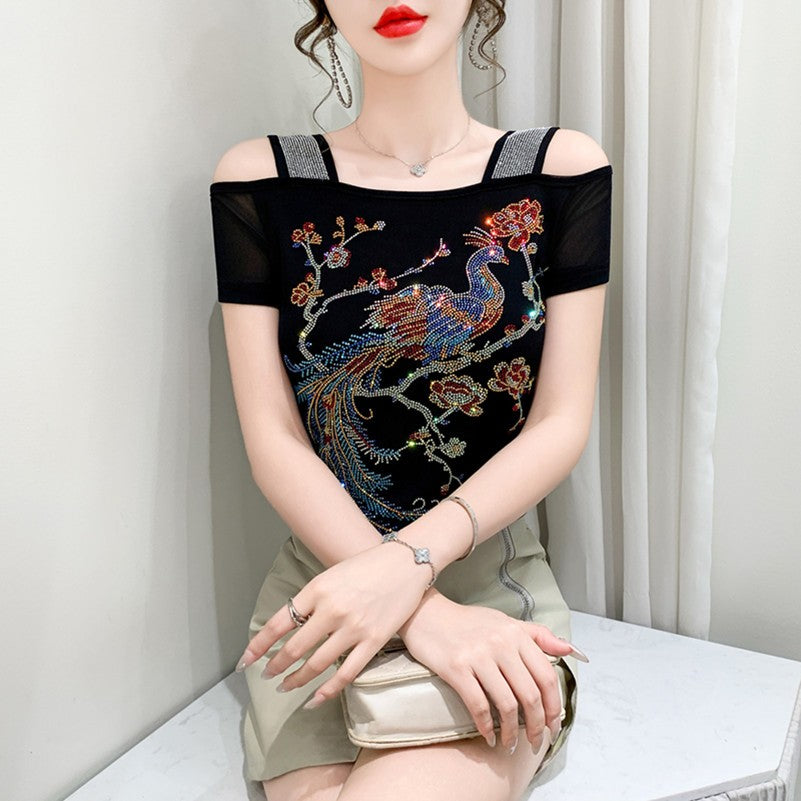 Summer New Fashion Cartoon T-shirt Chic Hollow Out Hot Diamonds Tees Sexy Off Shoulder Short Sleeve Women's Tops Blouse