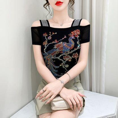 Summer New Fashion Cartoon T-shirt Chic Hollow Out Hot Diamonds Tees Sexy Off Shoulder Short Sleeve Women's Tops Blouse