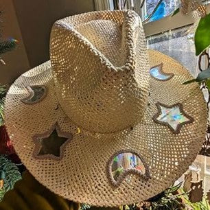 Moon Star Sequin Suncatcher Cowgirl Hats INS Fashion Summer Beach Women Straw Sun Hat Hollow Out Bohemian Western Cowgirls Hats
