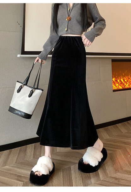 Elastic Velvet Long Black Skirts Women 2025 Casual Korean Fashion Y2k Clothes Mid Length Elegant High Waist Harajuku Maxi Skirt