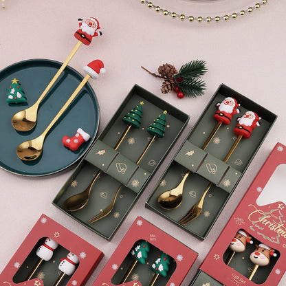Warm Christmas Gift! Creative Santa Doll Dessert Spoon Fork 2-Piece Set Portable Tableware in Gift Box Sweet Surprise Friends