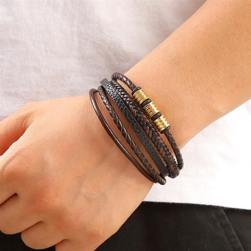 Pulseira de Couro Masculina Punk com Fecho Magnético de Aço Inoxidável Trançado em Camadas Envoltório de Couro Pulseiras Presente Joias Masculinas