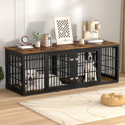 Móvel Gaiola Dupla para Cães de 78 Polegadas, Móvel Gaiola Extra Grande Reforçada com Divisória para 2 Cães, Canil Decorativo de Madeira
