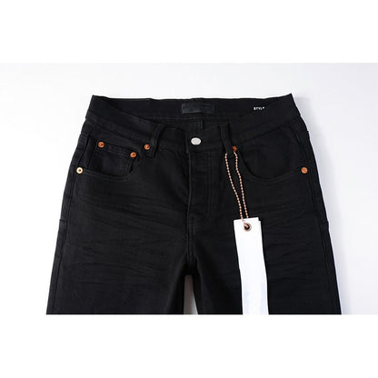 The Best Seller American High Street Men's Distressed Blank Black Stretch Skinny Button Fly Ripped Jeans Pants