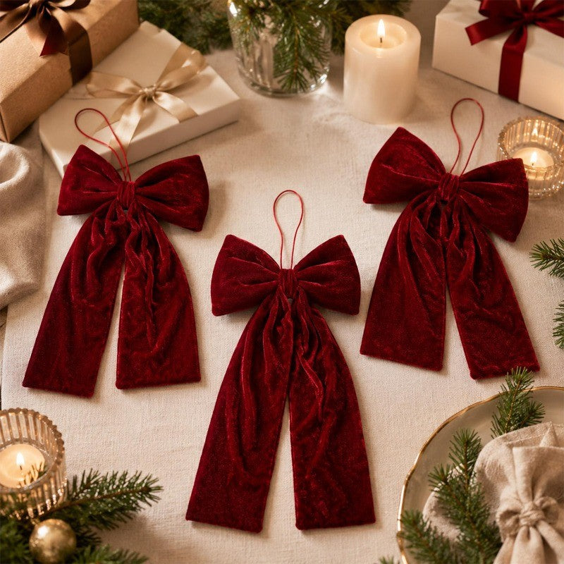 Large Size Bowknot Pendant Hanging Xmas Ornament DIY Home Party Christmas Tree Decorations Velvet Bow Burgundy Style Supplies