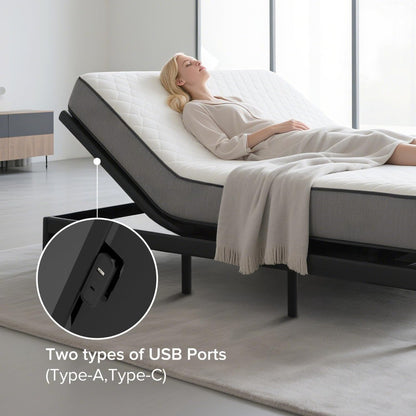 Bed Frame with Massage Head & Foot Incline Queen Adjustable Bed Frame with Remote & USB Ports, LED Light, 4 Height-Ad