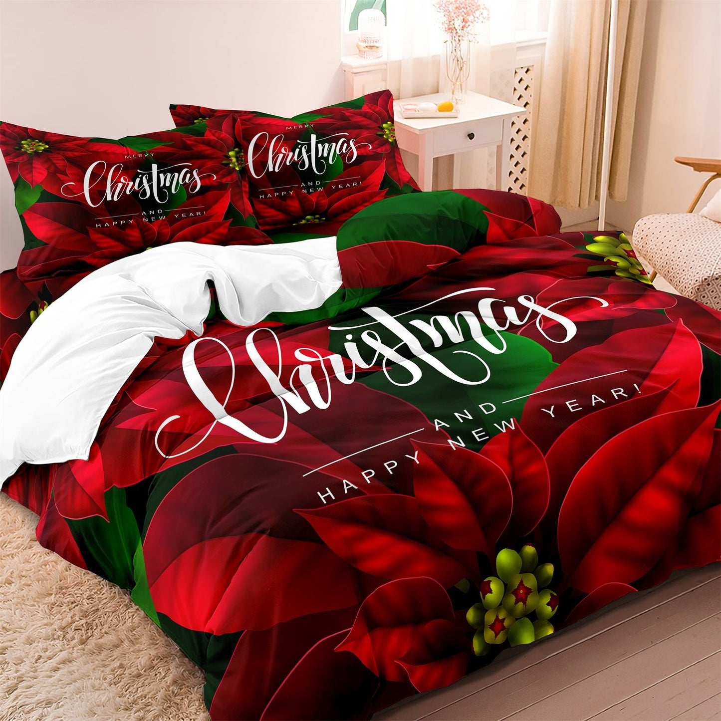 3pcs Christmas Poinsettia Duvet Cover, Holiday Bedding With Red Flowers, Perfect Xmas Gift (1*Duvet Cover + 2*Pillowcase)