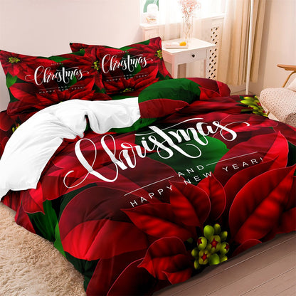 3pcs Christmas Poinsettia Duvet Cover, Holiday Bedding With Red Flowers, Perfect Xmas Gift (1*Duvet Cover + 2*Pillowcase)