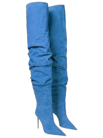 Women's New Pointed Pleated High-heeled Knee High Boots, Autumn and Winter Suede Thigh Boots, Women's Plus Size Stacking Boots