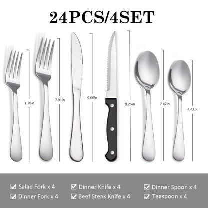 24 peças planas? Conjunto de Talheres de Aço Inoxidável 24 Peças para 4 Pessoas com Facas de Bife Garfo de Jantar Colher para Festa em Casa