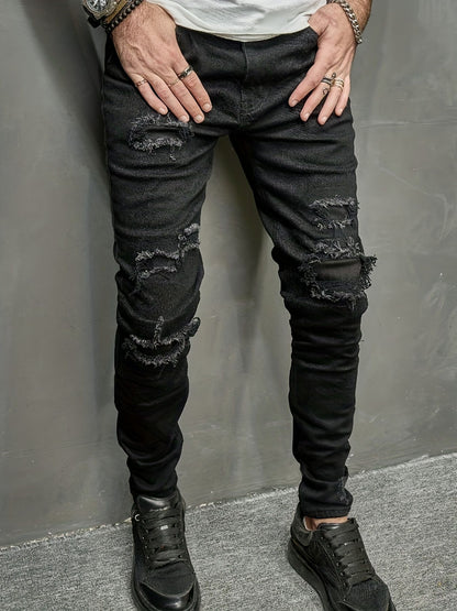 Men's slim fit jeans with torn holes, fabric patch, small feet, tight fitting denim pants
