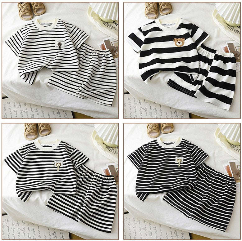 Conjunto Infantil 2PÇS Novo Verão Manga Curta +Shorts Listrado Menino Menina Criança Camiseta Roupa de Bebê Roupa Infantil